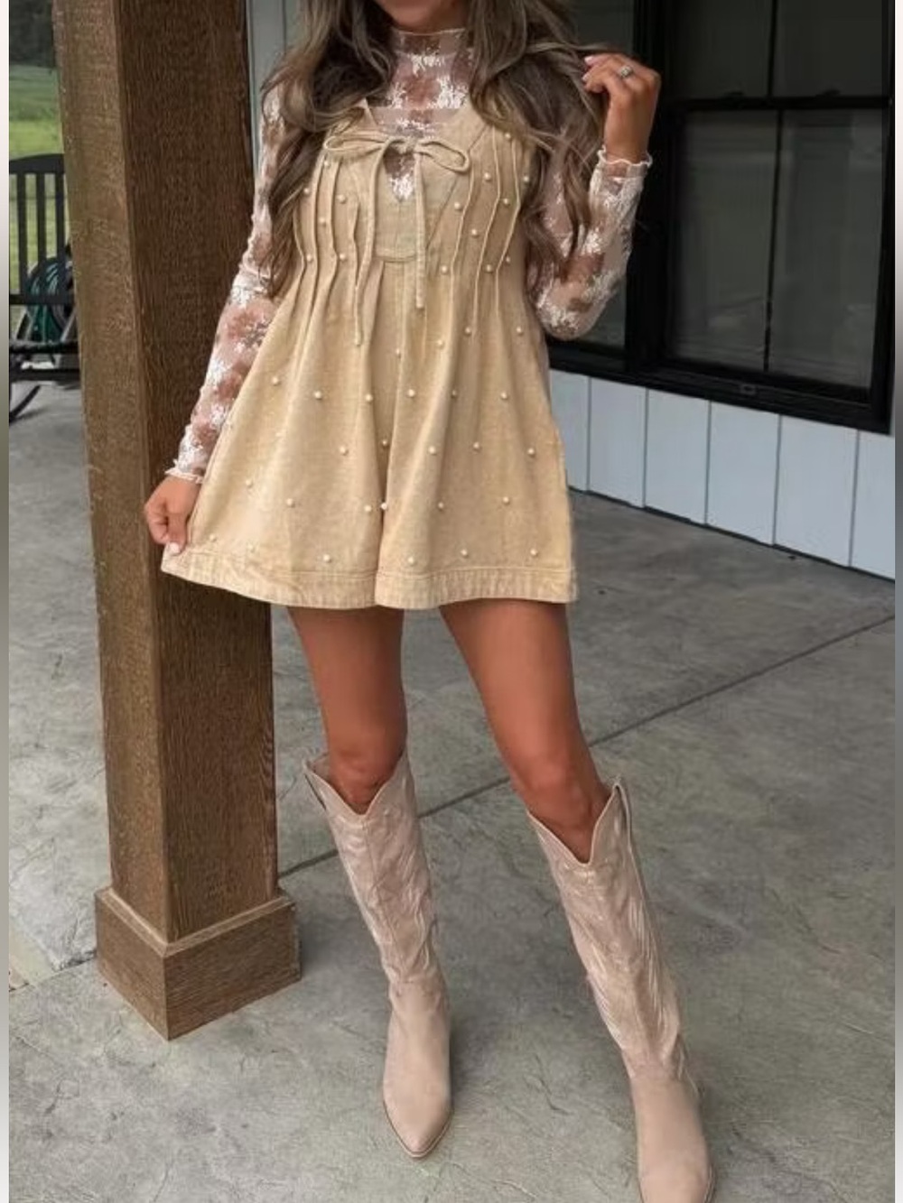 Beaded Cord-Tie Mini Romper in Beige